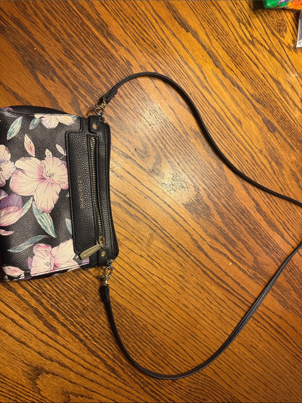 Liz Claiborne Black Floral Crossbody with Pink and Teal Accents
